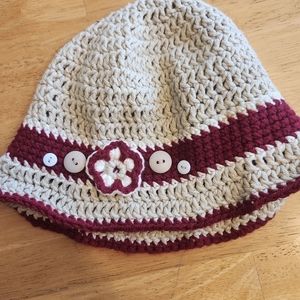 Cream and burgundy crochet hat